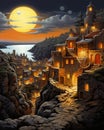 AI generated illustration of a small, old town with stone houses at sunset