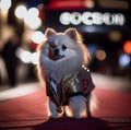 AI generated illustration of a small Pomeranian wearing a glitter jacket walking down the street