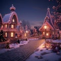 A small, quaint village in the evening, illuminated by colorful Christmas lights