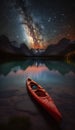 AI generated illustration of a small red boat in a lake against the dark night sky Royalty Free Stock Photo