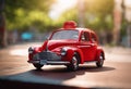 AI generated illustration of A small red car is parked in a busy street