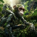 AI generated illustration of a small robotic monkey in a lush green forest