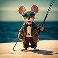 a small mouse in a coat, bow tie and sunglasses is holding a fishing rod