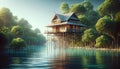 a small house on stilfeast above the water with a sky background