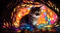 AI generated illustration of a small tabby cat in a wire basket lined with colorful string lights