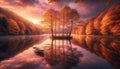 AI generated illustration of a small, wooden boat illuminated by the setting sun on a tranquil lake Royalty Free Stock Photo