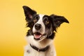 AI generated illustration of a smiling border collie dog lies against a bright yellow background