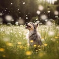 AI generated illustration of a smiling canine companion in a lush green meadow