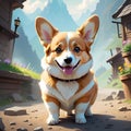 AI generated illustration of a smiling Corgi dog stands in the street of a quaint little town