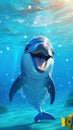 AI generated illustration of a smiling dolphin swimming in an underwater environment Royalty Free Stock Photo