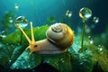 AI generated illustration of a snail on a green leaf in the rain Royalty Free Stock Photo