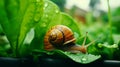 AI generated illustration of a snail perched on the edge of a green leaf Royalty Free Stock Photo