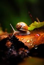 AI-generated illustration of a snail slowly crawling over a leaf covered in water droplets Royalty Free Stock Photo