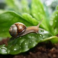 AI generated illustration of a snail with a vibrant shell perched atop a leaf Royalty Free Stock Photo