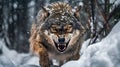 AI generated illustration of a snarling dangerous gray wolf in a snowy forest Royalty Free Stock Photo