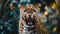 AI-generated illustration of a snarling leopard in the wild with a blurred natural background Royalty Free Stock Photo