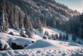 AI-generated illustration of a snow-capped mountain slope with small rural houses