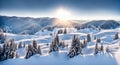 AI generated illustration of snow-capped mountains with pine trees on a sunny winter day Royalty Free Stock Photo