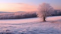 AI generated illustration of a snow-covered field with a solitary tree at pink sunset Royalty Free Stock Photo