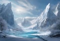 AI generated illustration of a snow-covered frozen mountains in winter with flowing water