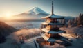 AI generated illustration of snow-covered peaks of Mt. Fuji with the Chureito Pagoda