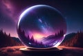 AI generated illustration of a snow globe in a tranquil night setting, featuring a starry night sky