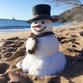 AI generated illustration of a snowman relaxing on sandy beach near water Royalty Free Stock Photo