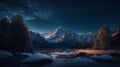 AI generated illustration of a snowy mountain river at night, illuminated in the bright night sky Royalty Free Stock Photo