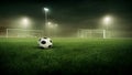 AI generated illustration of soccer ball in the middle of football pitch with illuminated lamp posts