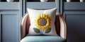 AI generated illustration of soft cushion with sunflower embroidered on surface placed on comfortable armchair in modern cozy