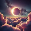 AI generated illustration of a solar eclipse on a backdrop of soft, white wispy clouds