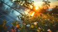 a solar panel with the sun setting behind it and white flowers in front Royalty Free Stock Photo