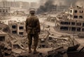 Soldier looking at devastated city after war. AI Generative