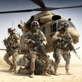 AI generated illustration of soldiers in front of a helicopter, can be used fiction video game