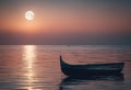 AI-generated illustration of a solitary boat adrift beneath a luminous full moon on calm waters Royalty Free Stock Photo