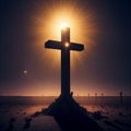 AI generated illustration of a solitary cross with a bright, golden sunrise in the background