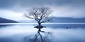 AI generated illustration of a solitary tree alone in the center of a frozen lake