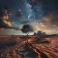 AI generated illustration of a solitary tree in a desert landscape under the night sky Royalty Free Stock Photo