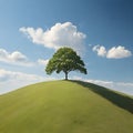 AI generated illustration of a solitary tree on green hill under blue sky with clouds Royalty Free Stock Photo