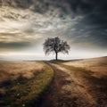 AI generated illustration of a solitary tree isolated in a vast grass field on a drab, cloudy day Royalty Free Stock Photo