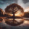 AI generated illustration of a solitary tree standing in the tranquil waters, surrounded by sunset Royalty Free Stock Photo