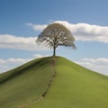 AI generated illustration of a solitary tree on verdant hill under partly cloudy blue sky Royalty Free Stock Photo