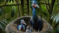 AI generated illustration of a Southern Cassowary Bird with fledglings in its padded nest