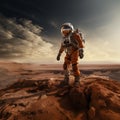 AI generated illustration of a space explorer in a spacesuit on a rocky terrain in a desert