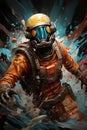 AI generated illustration of a space explorer wearing an orange space suit and oxygen mask