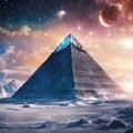AI generated illustration of a space scene with a pyramid with planets in the background Royalty Free Stock Photo