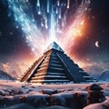 AI generated illustration of a space scene with a pyramid with planets in the background Royalty Free Stock Photo