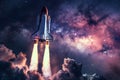 AI generated illustration of a space shuttle launching into vibrant sky background Royalty Free Stock Photo
