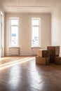 AI generated illustration of a spacious interior with stacks of cardboard boxes on the floor Royalty Free Stock Photo