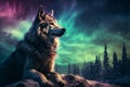 AI generated illustration of A spectacular view of the aurora borealis in the night sky and a wolf